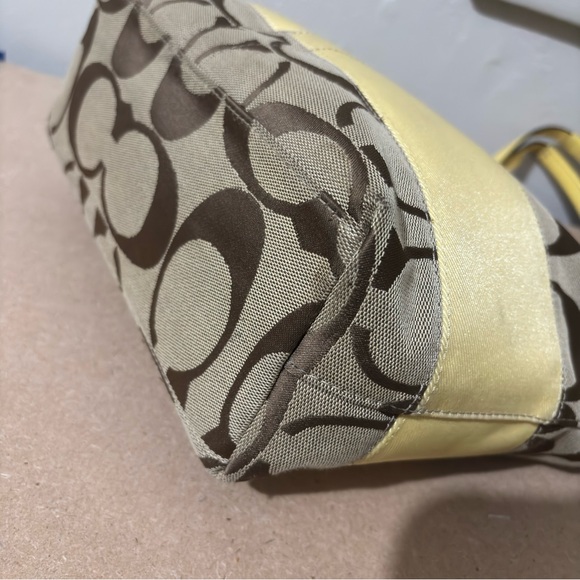 Coach Signature Canvas Yellow Stripe Leather Trim Shoulder Tote Trapezoid Bag - Picture 10 of 15